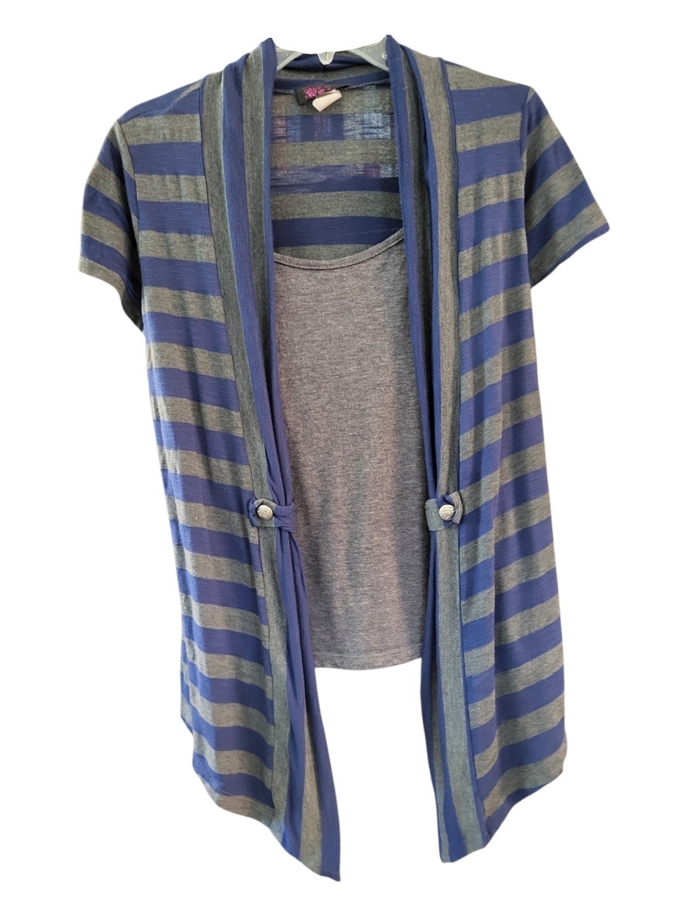 Agenda Women's Striped Open-Front Short Sleeve Cardigan - Blue & Gray - Size M